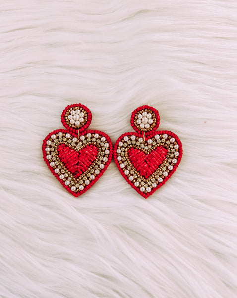 Red heart circle earrings - Premier amour